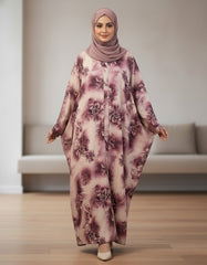 Vintage Midnight Mauve Abaya – Premium Digital Print Oversized Modest Kaftan with Fluid Drape – 56" Length, 24" Bust