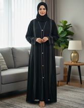 Tehnoor Noir Stellar Piping Abaya – Premium Zoom Front-Open Coat with Silver Beadwork & Lattice Lace – 54" Length, 24" Bust