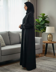 Tehnoor Noir Stellar Piping Abaya – Premium Zoom Front-Open Coat with Silver Beadwork & Lattice Lace – 54" Length, 24" Bust