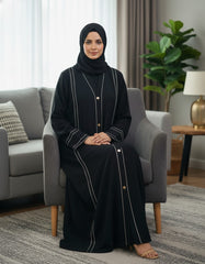 Tehnoor Noir Stellar Piping Abaya – Premium Zoom Front-Open Coat with Silver Beadwork & Lattice Lace – 54" Length, 24" Bust