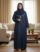 Tehnoor Midnight Azure Floral Abaya – Premium Zoom Fabric with Embossed-Effect Print & Golden Accents – 56" Length, 24" Bust