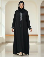 Tehnoor Midnight Onyx Embroidered Abaya – Premium Black Georget Fabric with Blue Geometric Borders & Tassel Detail – 54" Length, 24" Bust