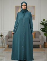 Tehnoor Teal Serenity Button-Down Abaya – Premium Zoom Fabric with Gold Hardware & Cuffed Sleeves – 54" Length, 24" Bust