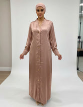 Tehnoor Rose Gold Satin Button-Down Abaya – Premium Heavy Satin Fabric – Functional Gold Hardware – 54" Length, 24" Bust