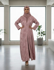 Tehnoor Dusty Rose Jacquard Abaya – Premium Embossed Floral Fabric – Open-Front Style – 54" Length, 24" Bust