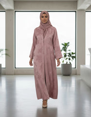 Tehnoor Dusty Rose Jacquard Abaya – Premium Embossed Floral Fabric – Open-Front Style – 54" Length, 24" Bust
