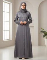Tehnoor Slate Silk-Satin Abaya – Premium Heavy Satin Fabric with Gold Medallion Button – 54" Length, 24" Bust