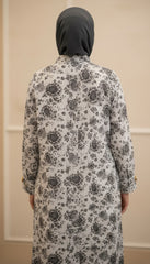 Tehnoor Monochrome Vintage Floral Abaya – Premium Indian Nida Fabric Modest Cardigan with Gold & Black Enamel Accents - 56" Length