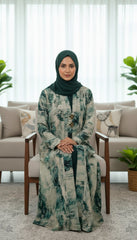 Tehnoor Monochrome Vintage Floral Abaya – Premium Indian Nida Fabric Modest Cardigan with Cream and Green Enamel Accents - 56" Length