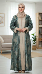 Tehnoor Sage Green Floral Romance Abaya – Premium Indian Nida Fabric Front-Open Modest Cardigan with Contrast Beige Panels