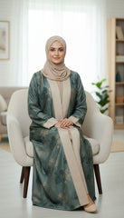 Tehnoor Sage Green Floral Romance Abaya – Premium Indian Nida Fabric Front-Open Modest Cardigan with Contrast Beige Panels