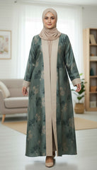 Tehnoor Sage Green Floral Romance Abaya – Premium Indian Nida Fabric Front-Open Modest Cardigan with Contrast Beige Panels
