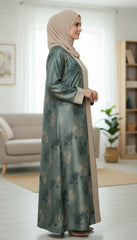 Tehnoor Sage Green Floral Romance Abaya – Premium Indian Nida Fabric Front-Open Modest Cardigan with Contrast Beige Panels