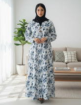 Tehnoor Monochrome Vintage Floral Abaya – Premium Indian Nida Fabric Modest Cardigan with white and Blue Enamel Accents - 56" Length