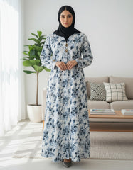 Tehnoor Monochrome Vintage Floral Abaya – Premium Indian Nida Fabric Modest Cardigan with white and Blue Enamel Accents - 56" Length