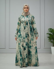 Tehnoor Monochrome Vintage Floral Abaya – Premium Indian Nida Fabric Modest Cardigan with Cream and Green Enamel Accents - 56" Length