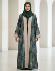Tehnoor Sage Green Floral Romance Abaya – Premium Indian Nida Fabric Front-Open Modest Cardigan with Contrast Beige Panels