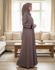 Elegant Mauve Textured Abaya | Sleek Black Piping & Cuff Details | Tehnoor