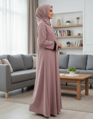 Elegant Dusty Pink Textured Abaya | Sleek Black Piping & A-Line Drape | Tehnoor