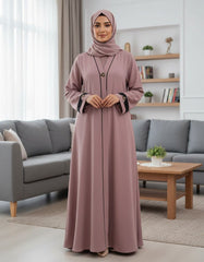 Elegant Dusty Pink Textured Abaya | Sleek Black Piping & A-Line Drape | Tehnoor