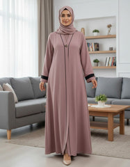 Elegant Dusty Pink Textured Abaya | Sleek Black Piping & A-Line Drape | Tehnoor