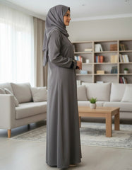 Elegant Grey Textured Abaya | Sleek Black Piping & A-Line Drape | Tehnoor