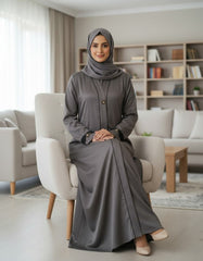 Elegant Grey Textured Abaya | Sleek Black Piping & A-Line Drape | Tehnoor