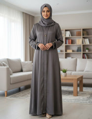 Elegant Grey Textured Abaya | Sleek Black Piping & A-Line Drape | Tehnoor