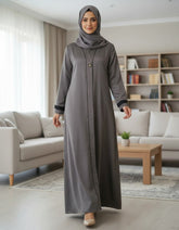 Elegant Grey Textured Abaya | Sleek Black Piping & A-Line Drape | Tehnoor