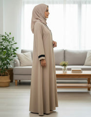 Elegant Beige Textured Abaya | Sleek Black Piping & A-Line Drape | Tehnoor