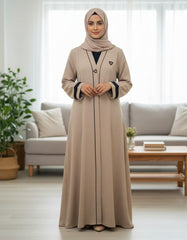 Elegant Beige Textured Abaya | Sleek Black Piping & A-Line Drape | Tehnoor