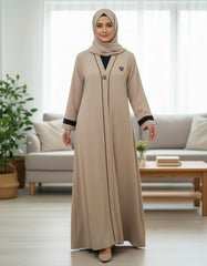 Elegant Beige Textured Abaya | Sleek Black Piping & A-Line Drape | Tehnoor