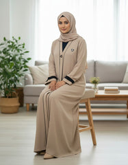 Elegant Beige Textured Abaya | Sleek Black Piping & A-Line Drape | Tehnoor