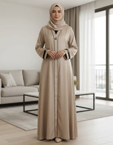 Elegant Beige Textured Abaya | Sleek Black Piping & A-Line Drape | Tehnoor