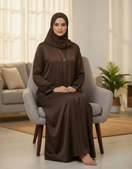 Elegant Chocolate Brown Textured Abaya | Sleek Black Piping & A-Line Drape | Tehnoor
