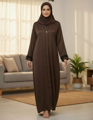 Elegant Chocolate Brown Textured Abaya | Sleek Black Piping & A-Line Drape | Tehnoor