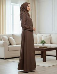 Elegant Chocolate Brown Open Abaya | Premium Crepe with Woven Leaf Motif | Tehnoor