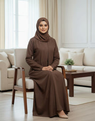 Elegant Chocolate Brown Open Abaya | Premium Crepe with Woven Leaf Motif | Tehnoor