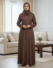 Elegant Chocolate Brown Open Abaya | Premium Crepe with Woven Leaf Motif | Tehnoor