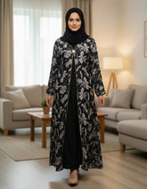 Elegant Black Floral Abaya | Rhinestone Trim & Statement Clasp | Tehnoor