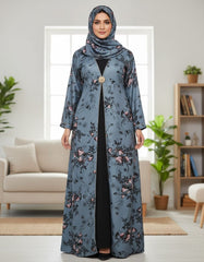 Elegant Slate Blue Floral Abaya | Rhinestone Trim & Statement Clasp | Tehnoor