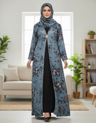 Elegant Slate Blue Floral Abaya | Rhinestone Trim & Statement Clasp | Tehnoor
