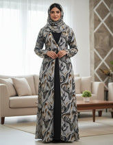 Elegant Grey & Gold Abstract Floral Open Abaya | Rhinestone Trim & Crystal Clasp | Tehnoor