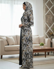 Elegant Grey & Gold Abstract Floral Open Abaya | Rhinestone Trim & Crystal Clasp | Tehnoor