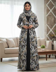 Elegant Grey & Gold Abstract Floral Open Abaya | Rhinestone Trim & Crystal Clasp | Tehnoor
