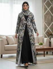 Elegant Grey & Gold Abstract Floral Open Abaya | Rhinestone Trim & Crystal Clasp | Tehnoor