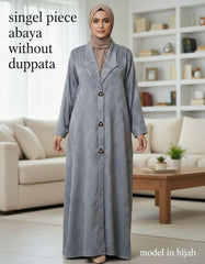 Elegant Grey Woven Leaf Abaya | Lapel Collar & Premium Jacquard-Style Motif