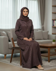 Elegant Chocolate Brown Woven Leaf Abaya | Lapel Collar & Premium Jacquard-Style Motif