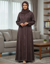 Elegant Chocolate Brown Woven Leaf Abaya | Lapel Collar & Premium Jacquard-Style Motif