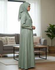 Elegant Sage Green Woven Leaf Abaya | Lapel Collar & Premium Jacquard-Style Motif | Tehnoor